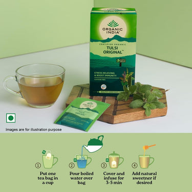 A TATA Product - Organic India Tulsi Original - 25 Tea Bags, Caffeine-Free Herbal Tea with Tulsi, Natural Detoxifier, Rich in Antioxidants, Convenient Staple-Free Bag